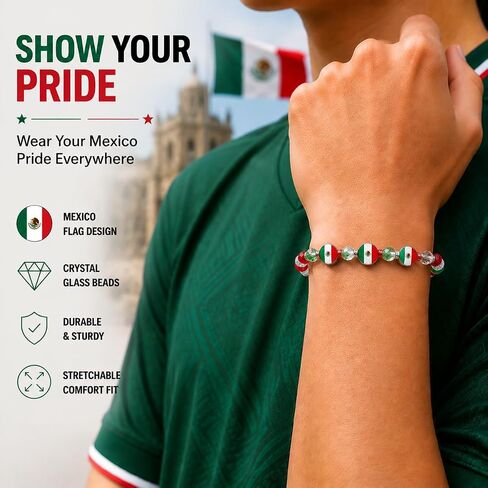 2PCS Mexico Flag Beaded Bracelets Set, Adjustable Handmade Crystal Glass Stretch Bracelet with Zinc Alloy Flag Charm, Patriotic Jewelry for Mexican Holiday, Soccer Games & Travel Souvenir in Saudi Arabia