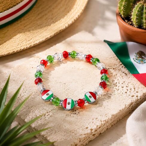2PCS Mexico Flag Beaded Bracelets Set, Adjustable Handmade Crystal Glass Stretch Bracelet with Zinc Alloy Flag Charm, Patriotic Jewelry for Mexican Holiday, Soccer Games & Travel Souvenir in Saudi Arabia
