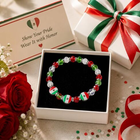 2PCS Mexico Flag Beaded Bracelets Set, Adjustable Handmade Crystal Glass Stretch Bracelet with Zinc Alloy Flag Charm, Patriotic Jewelry for Mexican Holiday, Soccer Games & Travel Souvenir in Saudi Arabia