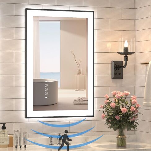 مرآة حمام LED مقاس 24 × 36 بوصة بإطار أسود، مرايا حمام مضاءة للزينة مع إضاءة أمامية فائقة السطوع + إضاءة خلفية، مضادة للضباب، 3 ألوان مرآة مرحاض ذكية بمستشعر حركة خافت للضوء in Kuwait
