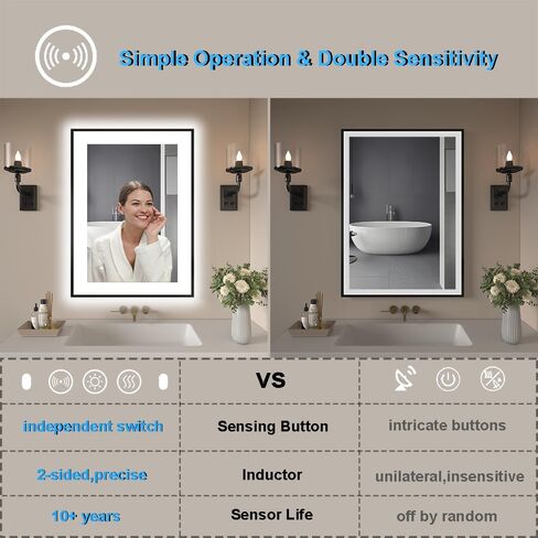 مرآة حمام LED مقاس 24 × 36 بوصة بإطار أسود، مرايا حمام مضاءة للزينة مع إضاءة أمامية فائقة السطوع + إضاءة خلفية، مضادة للضباب، 3 ألوان مرآة مرحاض ذكية بمستشعر حركة خافت للضوء in Kuwait
