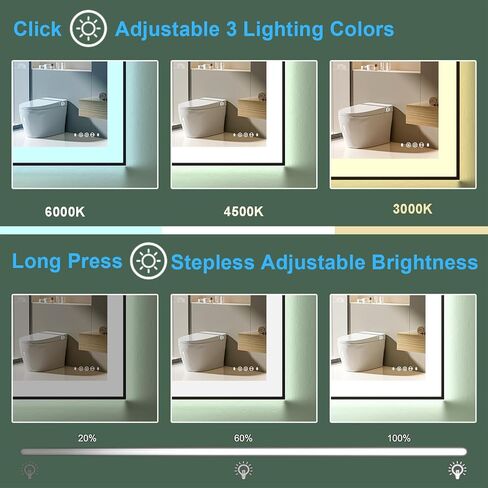 مرآة حمام LED مقاس 24 × 36 بوصة بإطار أسود، مرايا حمام مضاءة للزينة مع إضاءة أمامية فائقة السطوع + إضاءة خلفية، مضادة للضباب، 3 ألوان مرآة مرحاض ذكية بمستشعر حركة خافت للضوء in Kuwait