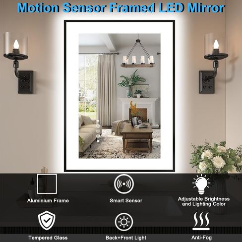 مرآة حمام LED مقاس 24 × 36 بوصة بإطار أسود، مرايا حمام مضاءة للزينة مع إضاءة أمامية فائقة السطوع + إضاءة خلفية، مضادة للضباب، 3 ألوان مرآة مرحاض ذكية بمستشعر حركة خافت للضوء in Kuwait