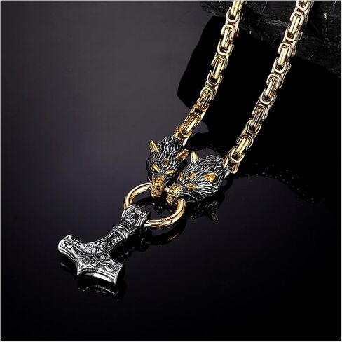 Thunder Hammer Wolf Head Necklaces Amulet Pendant Norse Runes Anchor Steel Chain Jewelry(Only Chain,90cm) in Kuwait