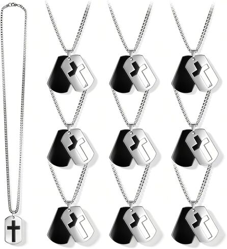 Kigeli 10 Pcs Dog Tag Cross Necklace Christian Dog Tag for Men Religious Faith Gifts DIY Stainless Steel Pendant Chain for Father Dad Church Party Favors Easter Basket Stuffers in Kuwait