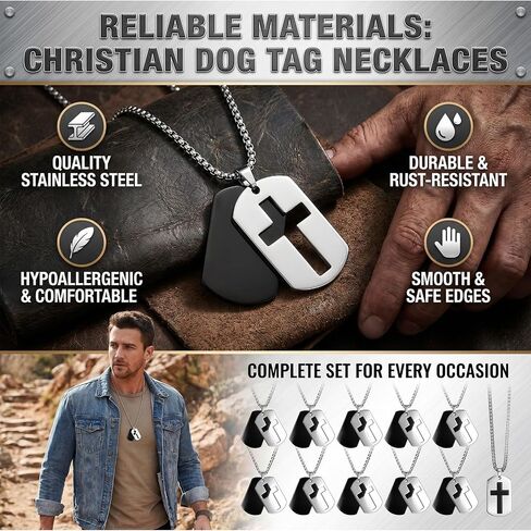 Kigeli 10 Pcs Dog Tag Cross Necklace Christian Dog Tag for Men Religious Faith Gifts DIY Stainless Steel Pendant Chain for Father Dad Church Party Favors Easter Basket Stuffers in Kuwait