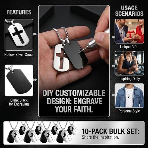 Kigeli 10 Pcs Dog Tag Cross Necklace Christian Dog Tag for Men Religious Faith Gifts DIY Stainless Steel Pendant Chain for Father Dad Church Party Favors Easter Basket Stuffers in Kuwait