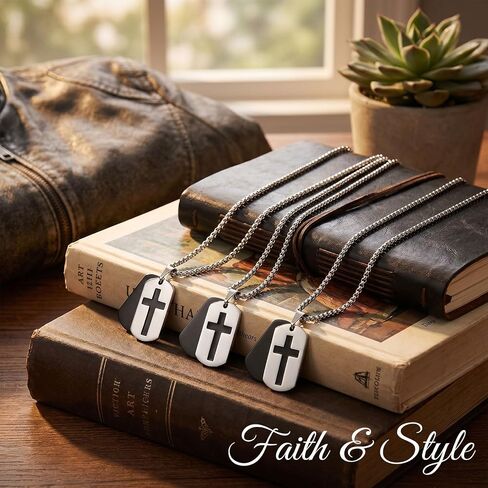 Kigeli 10 Pcs Dog Tag Cross Necklace Christian Dog Tag for Men Religious Faith Gifts DIY Stainless Steel Pendant Chain for Father Dad Church Party Favors Easter Basket Stuffers in Kuwait