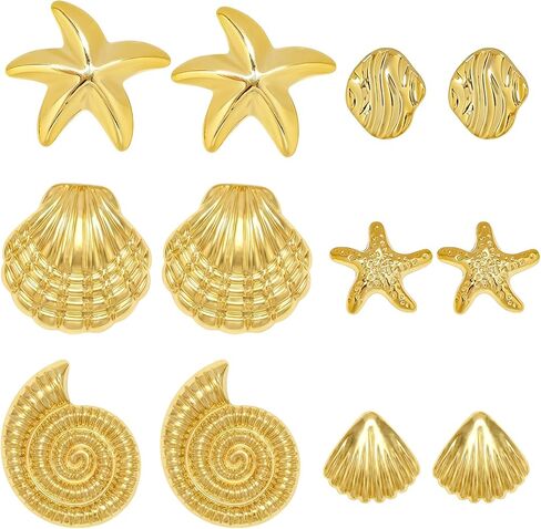 6 Pairs Beach Earrings for Women 14K Gold Statement Earrings Conch Seashell Starfish Stud Earring Ocean Summer Jewelry Set in Saudi Arabia