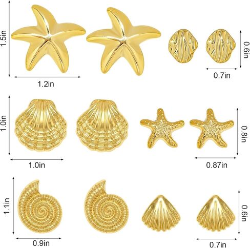 6 Pairs Beach Earrings for Women 14K Gold Statement Earrings Conch Seashell Starfish Stud Earring Ocean Summer Jewelry Set in Saudi Arabia