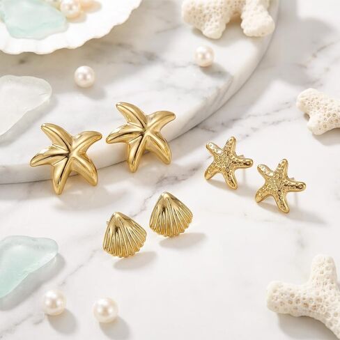 6 Pairs Beach Earrings for Women 14K Gold Statement Earrings Conch Seashell Starfish Stud Earring Ocean Summer Jewelry Set in Saudi Arabia