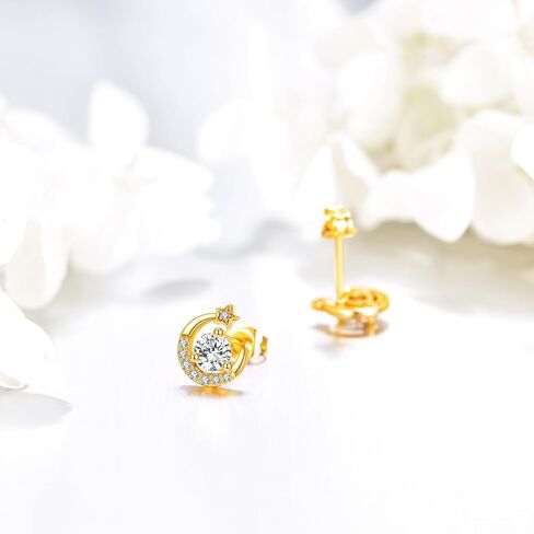 Moissanite Moon Earrings 925 Sterling Silver 4mm Birthstone Stud Earrings for Women 18K Gold Plated Moon and Star Jewelry Mother's Day Birthday Gifts for Wife Mom in Kuwait