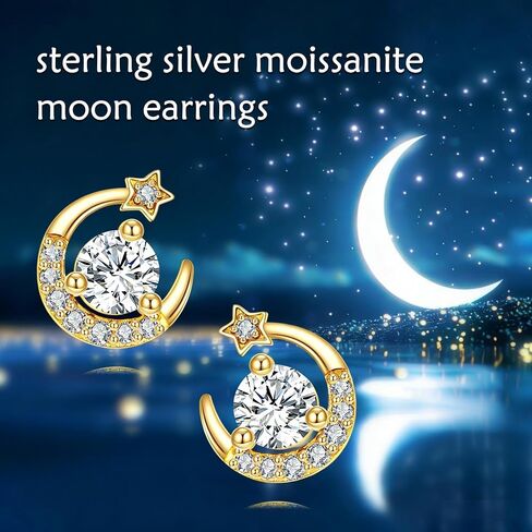 Moissanite Moon Earrings 925 Sterling Silver 4mm Birthstone Stud Earrings for Women 18K Gold Plated Moon and Star Jewelry Mother's Day Birthday Gifts for Wife Mom in Kuwait