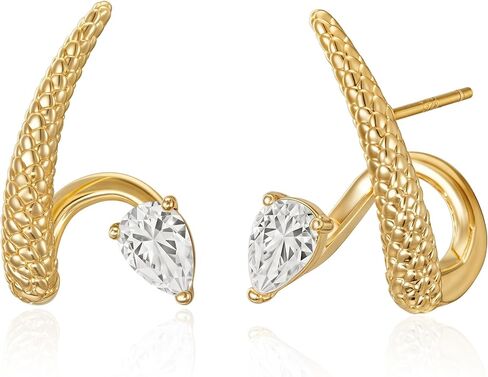 Gold Earrings for Women, 14K Gold Plated Cubic Zirconia Teardrop Stud Earring Wave Shape Elegant Jewelry Gifts in Saudi Arabia