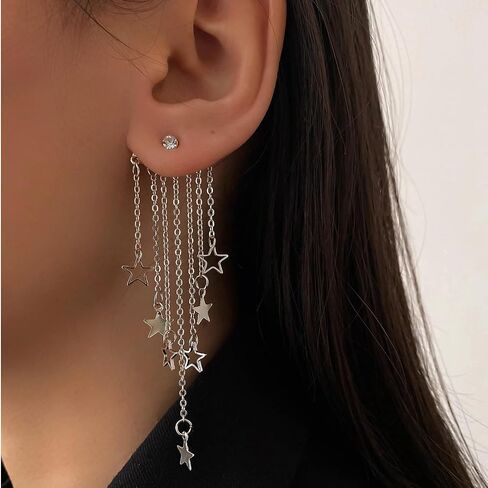 Silver Star Earrings Dangle Earrings for Women Silver Post Rhinestone Stud Fringe Drop Earrings Earring Jackets Casual Daily Wear Gifts in Saudi Arabia
