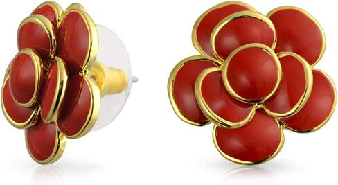 Bling Jewelry Retro Turquoise Blue Red Enamel Rose Flower Stud Earrings For Women Pierced Ears 14K Yellow Gold Plated in Kuwait