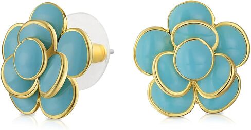 Bling Jewelry Retro Turquoise Blue Red Enamel Rose Flower Stud Earrings For Women Pierced Ears 14K Yellow Gold Plated in Kuwait