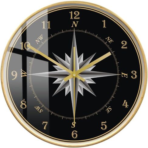 12'' Mariner's Compass Wood Round Wall Clock, Silent Non Ticking Battery Operated Analog Wooden Frame Clock Compass Rose Nautical Wind Rose Navigation Wall Clock for Sailor's Gift in Saudi Arabia