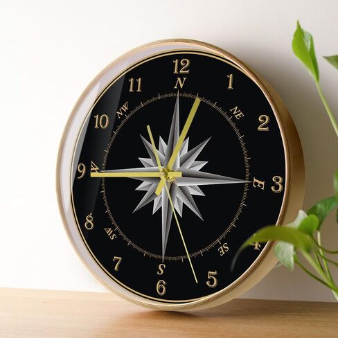 12'' Mariner's Compass Wood Round Wall Clock, Silent Non Ticking Battery Operated Analog Wooden Frame Clock Compass Rose Nautical Wind Rose Navigation Wall Clock for Sailor's Gift in Saudi Arabia
