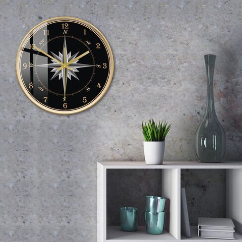 12'' Mariner's Compass Wood Round Wall Clock, Silent Non Ticking Battery Operated Analog Wooden Frame Clock Compass Rose Nautical Wind Rose Navigation Wall Clock for Sailor's Gift in Saudi Arabia