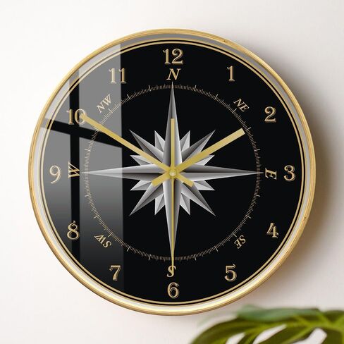 12'' Mariner's Compass Wood Round Wall Clock, Silent Non Ticking Battery Operated Analog Wooden Frame Clock Compass Rose Nautical Wind Rose Navigation Wall Clock for Sailor's Gift in Saudi Arabia