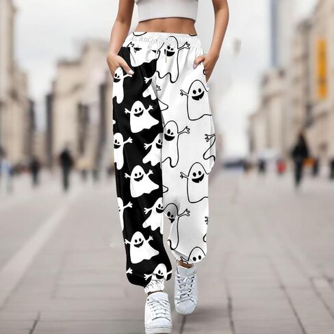 Nantdog Cute Halloween Ghost Print Sweatpants for Women 2024 Casual Pumpkin High Waist Elastic Pants Straig in Saudi Arabia