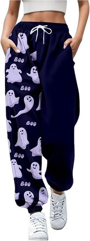 Nantdog Cute Halloween Ghost Print Sweatpants for Women 2024 Casual Pumpkin High Waist Elastic Pants Straig in Saudi Arabia