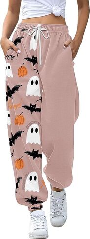 Nantdog Cute Halloween Ghost Print Sweatpants for Women 2024 Casual Pumpkin High Waist Elastic Pants Straig in Saudi Arabia