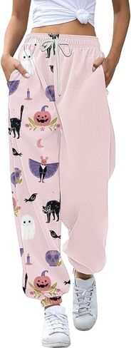 Nantdog Cute Halloween Ghost Print Sweatpants for Women 2024 Casual Pumpkin High Waist Elastic Pants Straig in Saudi Arabia