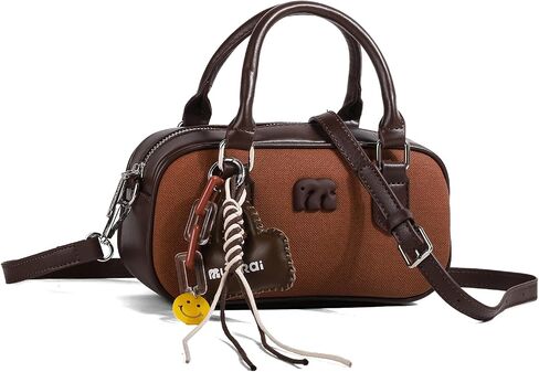Women's Retro Canvas & Leather Tote Bag Classic Patchwork Shoulder Handbag Vintage Casual Everyday Bag Bear Charm in Saudi Arabia
