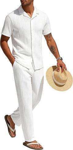 UOUA Mens 2 Piece Outfits Summer Casual Short Sleeve Button Down Shirt & Long Pants Sets Beach Vacation Suits Tracksuits in Saudi Arabia