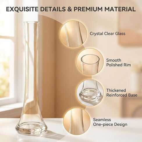 25CM/10 Inch Tall Clear Hand-Blown Glass Bud Vase Narrow Neck Single Stem Floral Vase Small Mouth Decorative Floral Vases for Wedding Centerpieces Party Home Decoration in Kuwait