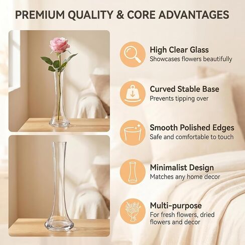 25CM/10 Inch Tall Clear Hand-Blown Glass Bud Vase Narrow Neck Single Stem Floral Vase Small Mouth Decorative Floral Vases for Wedding Centerpieces Party Home Decoration in Kuwait