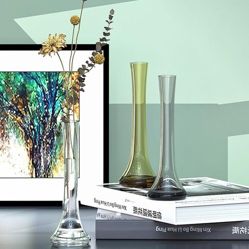 25CM/10 Inch Tall Clear Hand-Blown Glass Bud Vase Narrow Neck Single Stem Floral Vase Small Mouth Decorative Floral Vases for Wedding Centerpieces Party Home Decoration in Kuwait