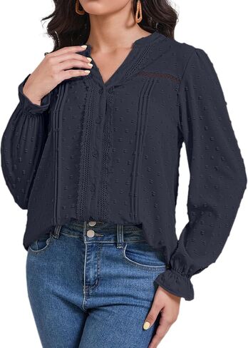 Boho Tunic Top for Women Long Sleeve V Neck, Button Down Blouse Swiss Dot Lace Dressy Casual Holiday Shirt in Saudi Arabia