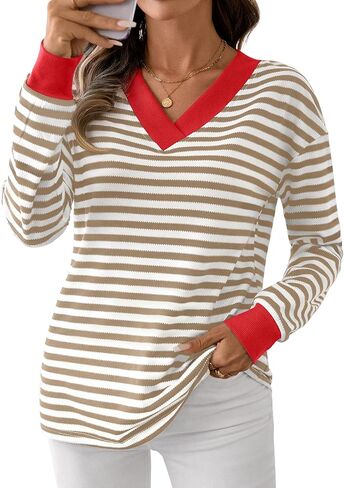 Fayenne Womens Long Sleeve Tops Dressy Casual Striped Shirts Color Block V Neck Blouses Tunic Fall Fashion 2025 in Saudi Arabia