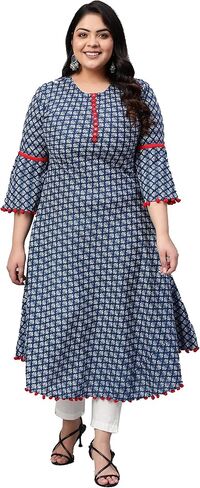 فستان Yash Gallery نسائي من القطن مطبوع على شكل حرف A ورقبة دائرية وطول ربلة الساق وأكمام جرس Anarkali Kurta مع بوم بوم للصيف in Kuwait