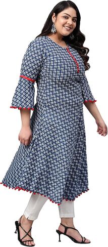 فستان Yash Gallery نسائي من القطن مطبوع على شكل حرف A ورقبة دائرية وطول ربلة الساق وأكمام جرس Anarkali Kurta مع بوم بوم للصيف in Kuwait