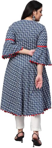 فستان Yash Gallery نسائي من القطن مطبوع على شكل حرف A ورقبة دائرية وطول ربلة الساق وأكمام جرس Anarkali Kurta مع بوم بوم للصيف in Kuwait