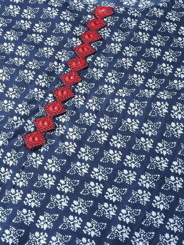 فستان Yash Gallery نسائي من القطن مطبوع على شكل حرف A ورقبة دائرية وطول ربلة الساق وأكمام جرس Anarkali Kurta مع بوم بوم للصيف in Kuwait