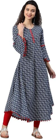 فستان Yash Gallery نسائي من القطن مطبوع على شكل حرف A ورقبة دائرية وطول ربلة الساق وأكمام جرس Anarkali Kurta مع بوم بوم للصيف in Kuwait
