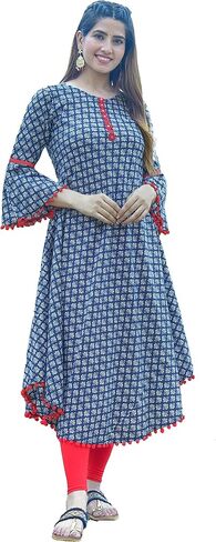 فستان Yash Gallery نسائي من القطن مطبوع على شكل حرف A ورقبة دائرية وطول ربلة الساق وأكمام جرس Anarkali Kurta مع بوم بوم للصيف in Kuwait