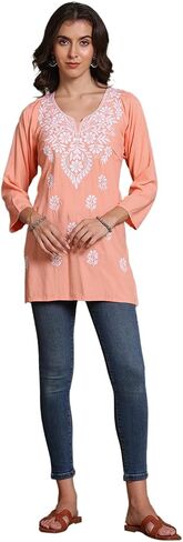 FCH، كورتي قصير من الحرير الصناعي مصنوع يدويًا من Chikan مع ملابس عرقية مطرزة من Chikankari للنساء in Kuwait