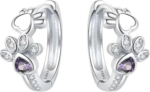 925 Sterling Silver Paw Print Hoop Earrings, Purple Crystal Zirconia, Cute Cat Paw with Heart Design in Kuwait