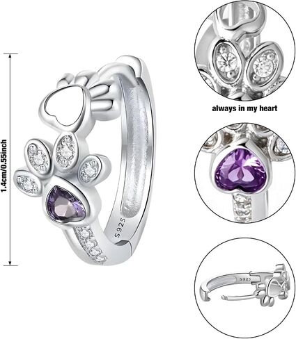 925 Sterling Silver Paw Print Hoop Earrings, Purple Crystal Zirconia, Cute Cat Paw with Heart Design in Kuwait