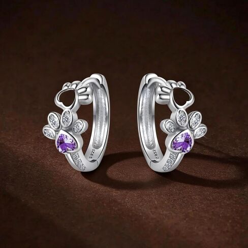 925 Sterling Silver Paw Print Hoop Earrings, Purple Crystal Zirconia, Cute Cat Paw with Heart Design in Kuwait