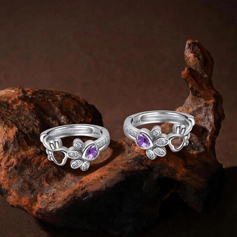 925 Sterling Silver Paw Print Hoop Earrings, Purple Crystal Zirconia, Cute Cat Paw with Heart Design in Kuwait