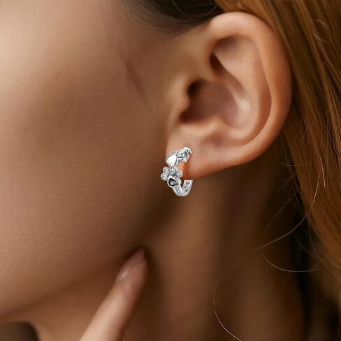 925 Sterling Silver Paw Print Hoop Earrings, Purple Crystal Zirconia, Cute Cat Paw with Heart Design in Kuwait