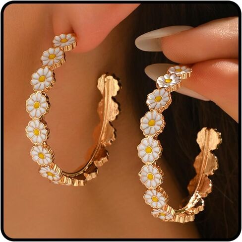 Daisy Hoop Earrings for Women White Daisy Flower Earrings C-Shaped Sunflower Hoops Spring Floral Jewelry Accessories in Saudi Arabia