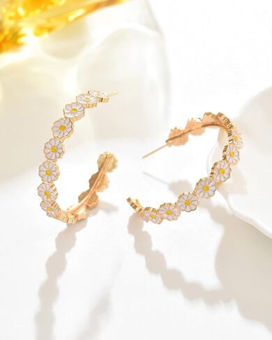 Daisy Hoop Earrings for Women White Daisy Flower Earrings C-Shaped Sunflower Hoops Spring Floral Jewelry Accessories in Saudi Arabia